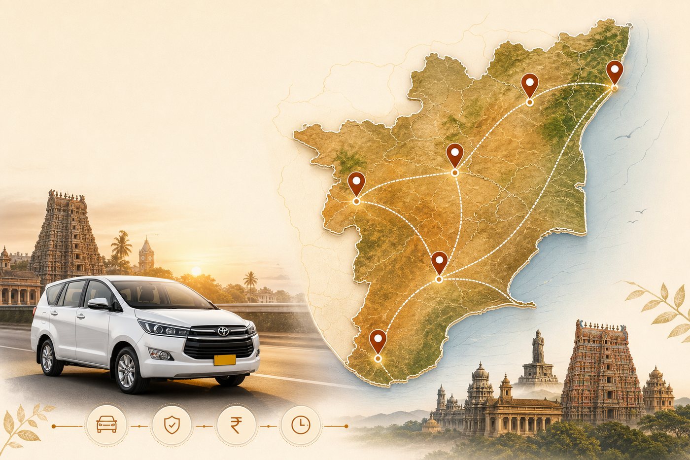 Tamil Nadu taxi fare index map covering 38 district origins and major intercity corridors